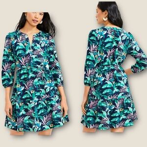 LOFT PALMS HENLEY SHIRT DRESS. TROPICAL PRINT. BELTED WAIST, FLOUNCY HEM. GUC